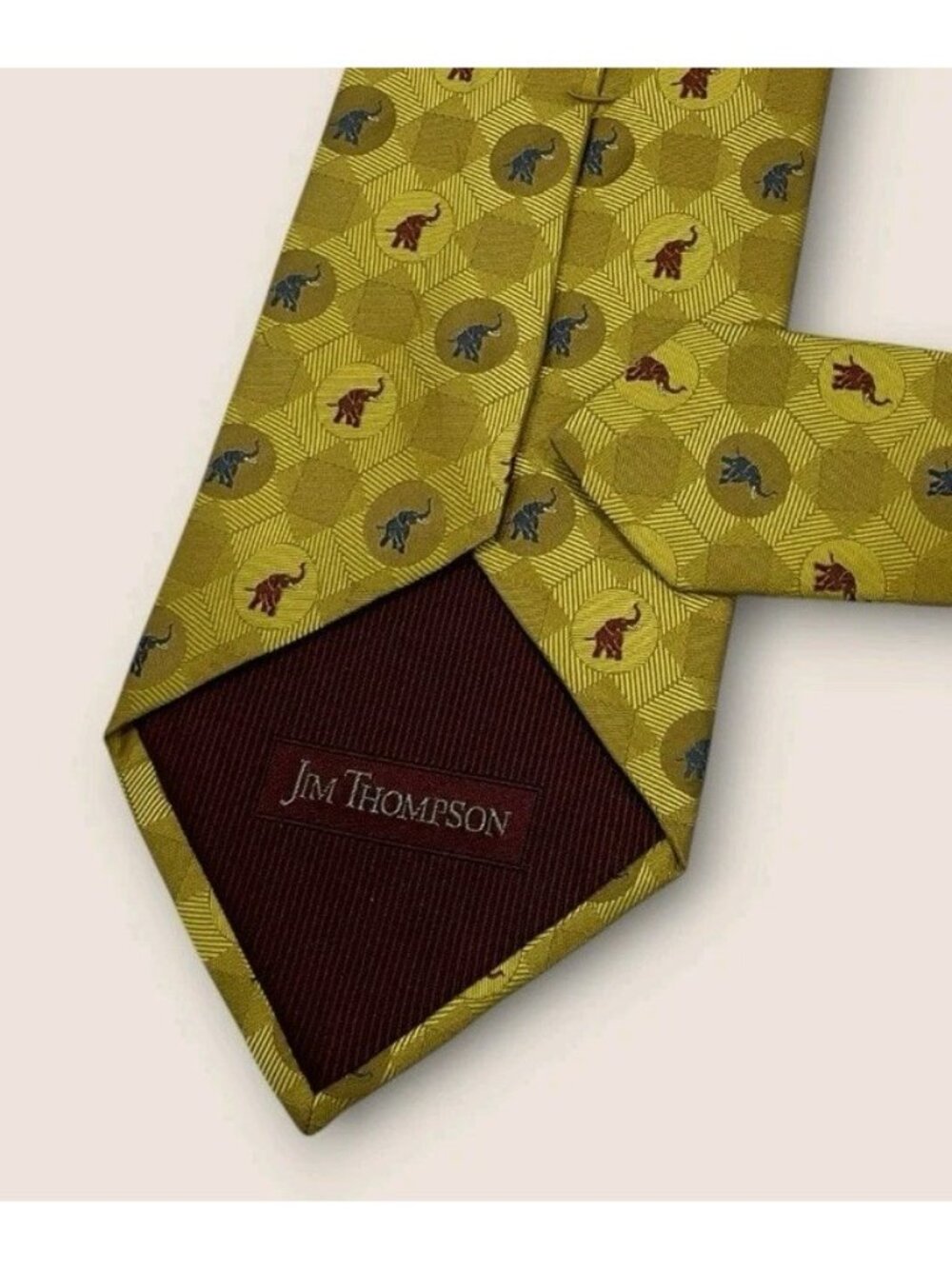 JIM THOMPSON Silk Tie THAILAND Gold Brown Blue Geometric Elephant W:3.8" EUC - Picture 5 of 6